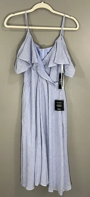 Lulus Pinstripe Midi Dress Womens Large Blue NWT Ruffle Cold Shoulder Pocket thumbnail 1