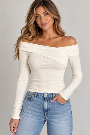 Abercrombie & Fitch Women’s Small Ivory Ribbed Off Shoulder Wrap Long Sleeve Top thumbnail 1