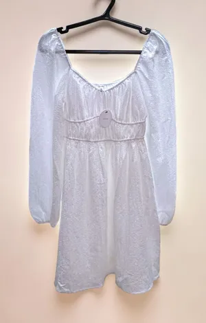 EN CRÈME White Textured Long Sleeve Smocked Waist Mini Dress‎ Size S thumbnail 1