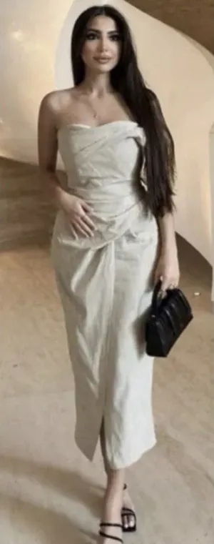 Zara Asymmetric Pencil Dress Slip‎ Midi Camel Taupe Beige Size XS Linen Feel thumbnail 1