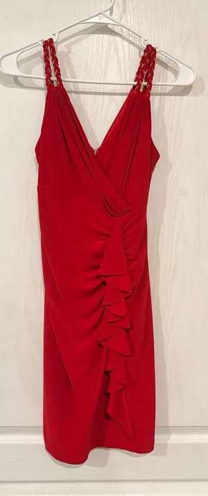 NWT Vintage Bodycon Cache Red V-Neck Midi Dress with Braided Straps thumbnail 1