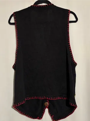 Victoria Jones Medium Beaded Black Holiday Vest with Red Trim Snowman Snowflakes thumbnail 6