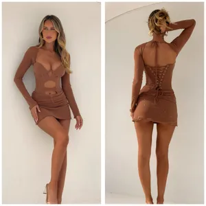 NWT Outcast Aubrey Long Sleeve Mini Dress Tan Corset Festival Sexy Size Small thumbnail 12