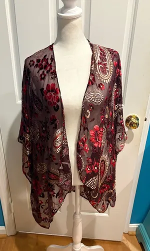 Loft Burnout Velvet Paisley Floral Sheer Kimono top maroon one size boho thumbnail 1