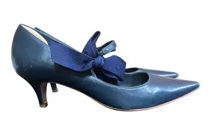 Tory Burch Blue Leather Pointed Toe Kitten Heel with Bow Detailing thumbnail 6