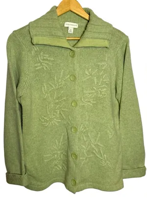 Appleseed's‎ Women’s Vintage Floral Lambs Wool Green Button Up Cardigan Sweater thumbnail 1