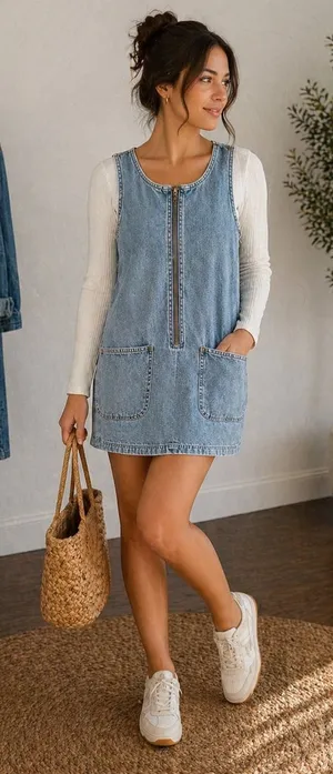 Arizona Jean Co Vintage Denim Pinafore Mini Dress Light‎ Wash Half Zip M Cowgirl thumbnail 1