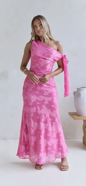 One-Shoulder Pink Maxi Dress with Shoulder Tie thumbnail 1
