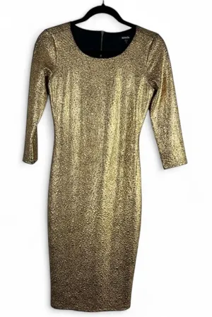 XOXO Gold Metallic Textured 3/4 Sleeve Bodycon Midi Dress Size S thumbnail 1