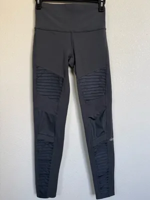 Alo Yoga Dark Gray Moto Leggings S High Rise Mesh Pleated Biker Athleisure thumbnail 2