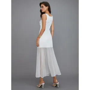 Commense Satin Bridal White Sheer Chiffon Overlay Minimalist Maxi Dress NWT L thumbnail 4