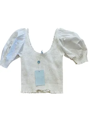 HILL HOUSE The Nap Top White Smocked Cropped Short Puff Sleeve XS NEW thumbnail 3