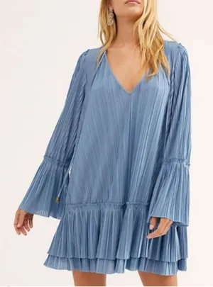 Free People Can’t Help It Pleated Mini Dress Blue Size M thumbnail 1