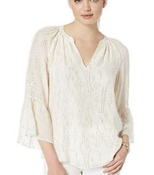 Lilly Pulitzer Coconut White Silk Gold Metallic Matilda Top Flounce M thumbnail 1