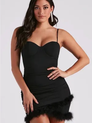 Windsor Black Feather-Trim Spaghetti Strap Slip Dress thumbnail 1