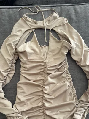 Oh Polly Beige Ruched Cutout Long Sleeve Mini Dress thumbnail 3