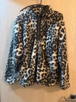 LeModa Leopard Print Sherpa Pullover Quarter Zip Jacket Brown Size XL thumbnail 1
