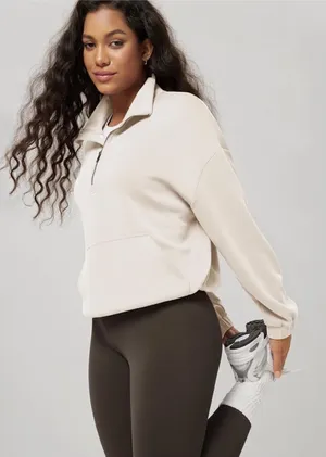 NWT Ododos Women's Ivory Modal Soft‎ Cinchable Sweatshirt Small Half Zip Pockets thumbnail 1