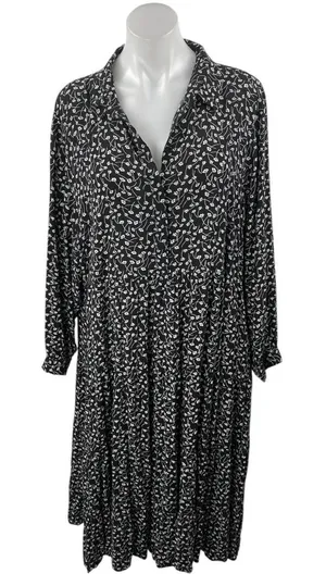 MONKL Black White Floral Long Sleeve Collared Pleated Midi Swing Dress Size XL thumbnail 1