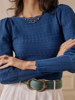 NWT La Maille Sezane Roma in Horizon Blue Textured Pointelle Knit Sweater Top XS thumbnail 2