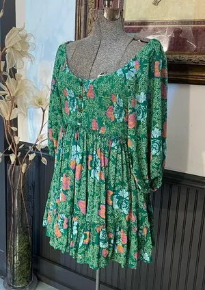 Free People Endless Summer Picnic Emerald Green Floral Boho Mini Dress - Sz S 🧡🎀 thumbnail 6
