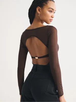 Abercrombie & Fitch Brown Sheer Long-Sleeve Ruched Bodysuit thumbnail 6