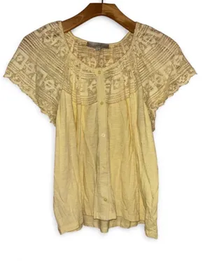 LOFT Pale Yellow Crochet Yoke Button-Front Blouse thumbnail 1