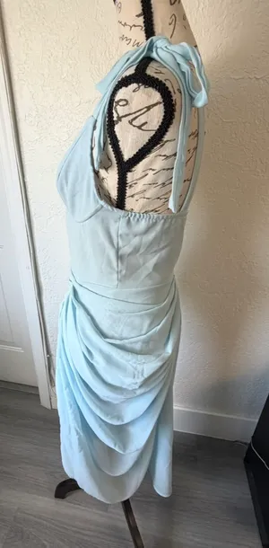 Pretty Little Thing Baby Blue Ruched Midi Dress | Romantic Wedding Guest Dress (US 2) thumbnail 9