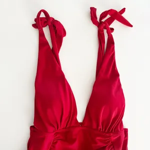 [Yolipuli] Red One Piece Convertible Swimsuit Bow Straps V-Neck Ruched Sz Large thumbnail 5