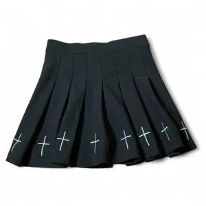 Black‎ Pleated Mini Skirt White Cross Detail Punk Goth Alt Streetwear Size S thumbnail 3