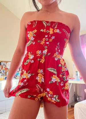 Garage Red Floral Strapless Romper thumbnail 1