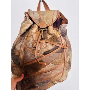Vintage 1980s/90s Brown Leather Patchwork Clip Front Drawstring Backpack Bag thumbnail 6