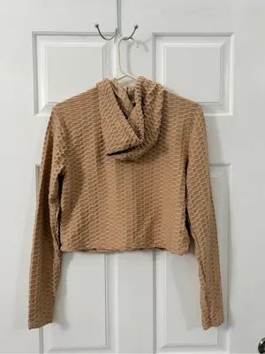 Cropped Tan Textured Zip Hoodie Jacket - Women thumbnail 4
