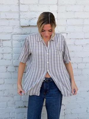 Vtg retro Express beige plaid button up shirt one size #plaid #preppy #western #outdoors thumbnail 2