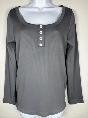OQQ Long Sleeve Ribbed Henley Top - Gray Size Medium thumbnail 1