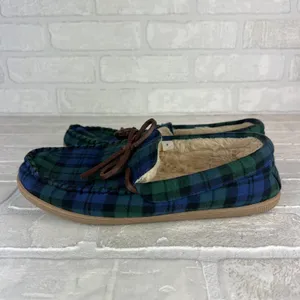 J Crew Slippers Womens 8 Green Blue Plaid Faux Shearling Fur Lining Moccasin thumbnail 6
