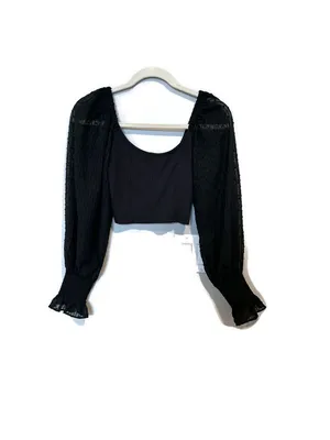 Urban Outfitters Black Square Neck Crop Top with Sheer Swiss Dot Puff Sleeves thumbnail 3