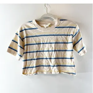 Sezane Short Sleeve Striped Cropped Boxy Tee Shirt Cream Blue XS thumbnail 2