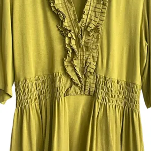 Peter Nygard Women Smocked Top M Chartreuse Flowy Short‎ Sleeve Empire Blouse thumbnail 5