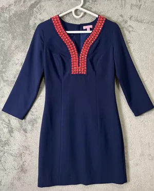Lilly Pulitzer Bennett Dress Navy Blue‎ Pink Beaded Trim Shift Classic Preppy 2 thumbnail 1