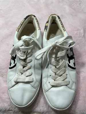 Tory Burch White Leather Sneakers with Black Logo and Snakeskin Trim 159 thumbnail 1