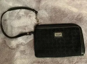 Fossil Wristlet Wallet Black Monogram Zip Around Small Purse Clutch Bag Fabric‎ thumbnail 1