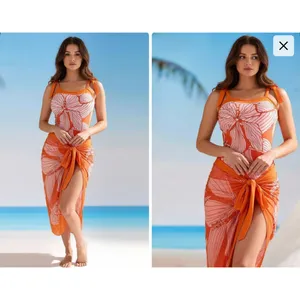 NWOT Orange Tropical Floral One Piece Swimsuit & Sarong Set Size M Resort thumbnail 2