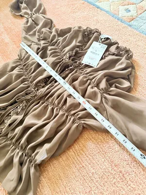 Zara Ruched Sheer Blouse Brown Ruffle Tie Front Long Sleeve Romantic Top NWT M thumbnail 5