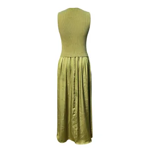 Taylor Mixed Media Knit to Satin Maxi Dress Olive Green Sleeveless Size M thumbnail 3
