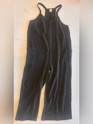 7th RAY Striped Ribbed Tank‎ Jumpsuit in Black & Grey Cropped with Pockets thumbnail 3
