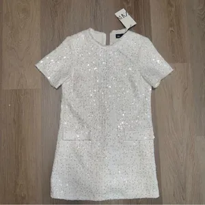 Zara White & Silver Sequin Tweed Short Sleeve Mini Dress - Size XS thumbnail 1