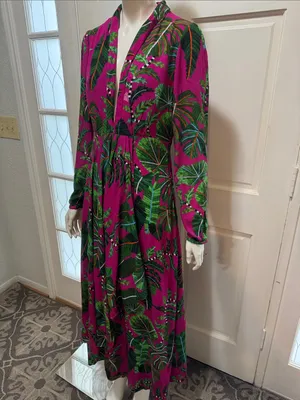 Farm Rio Boho Tropical Print Long Sleeve Maxi Dress in Fuchsia Size Small thumbnail 6