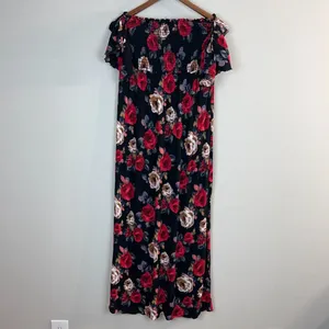 Altar'd State Maxi Dress S Black Red Rose Floral Smocked Off The Shoulder Boho‎ thumbnail 2