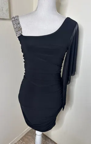 VTG Y2K Deb Black One-Shoulder Ruched Mini Dress -Rhinestone Strap& Sheer Sleeve thumbnail 1